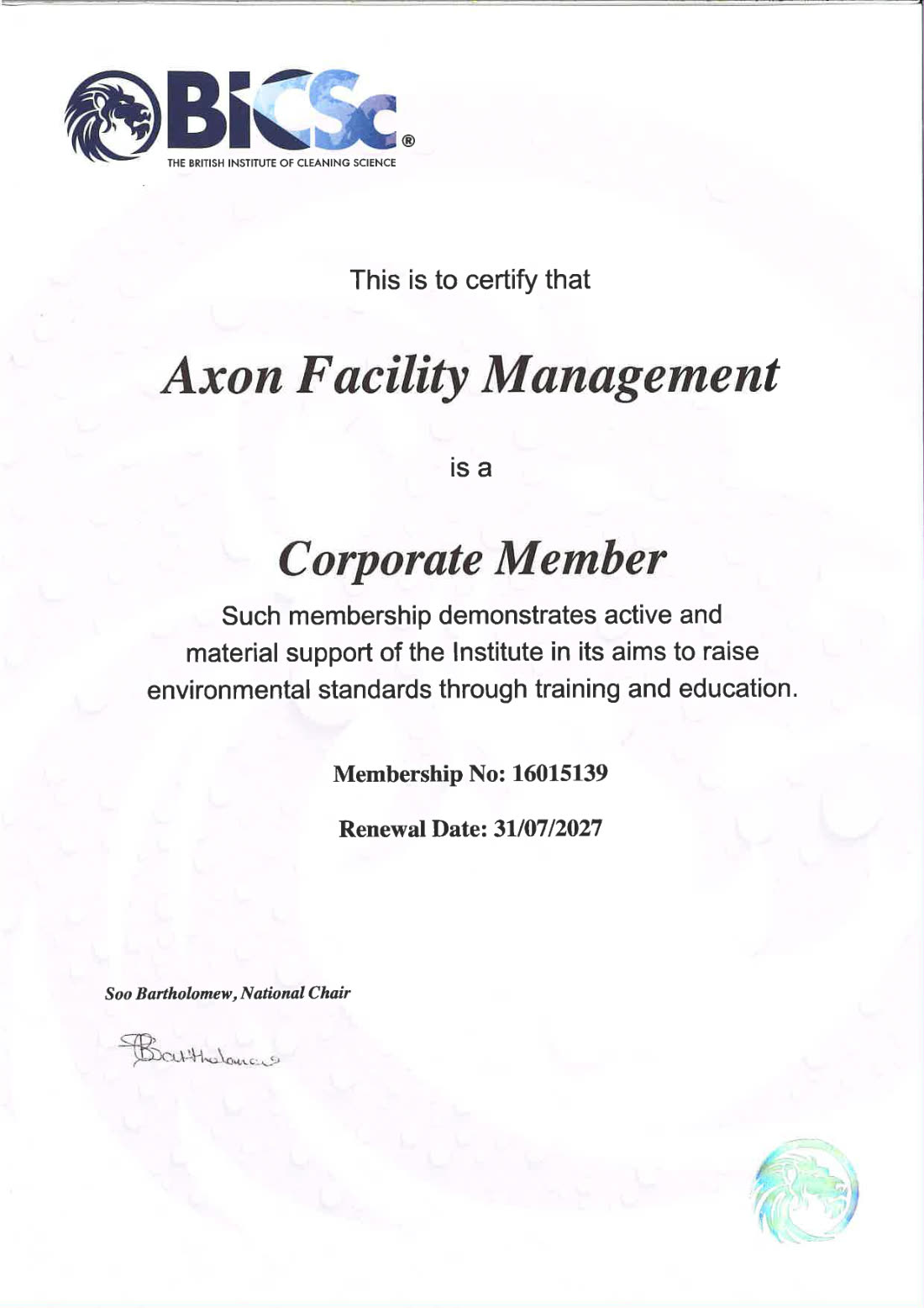 BICSc corporate membership certificate 16015139, renewal date 31 July 2027