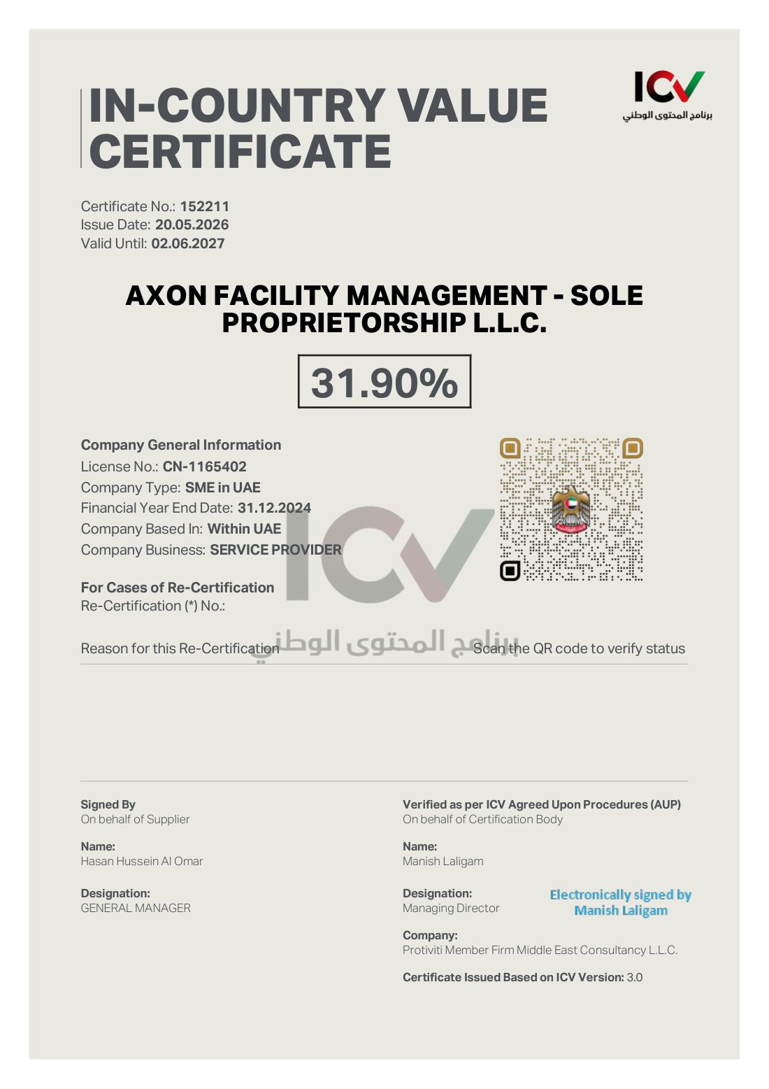 In-Country Value certificate 152211, valid to 2 June 2027