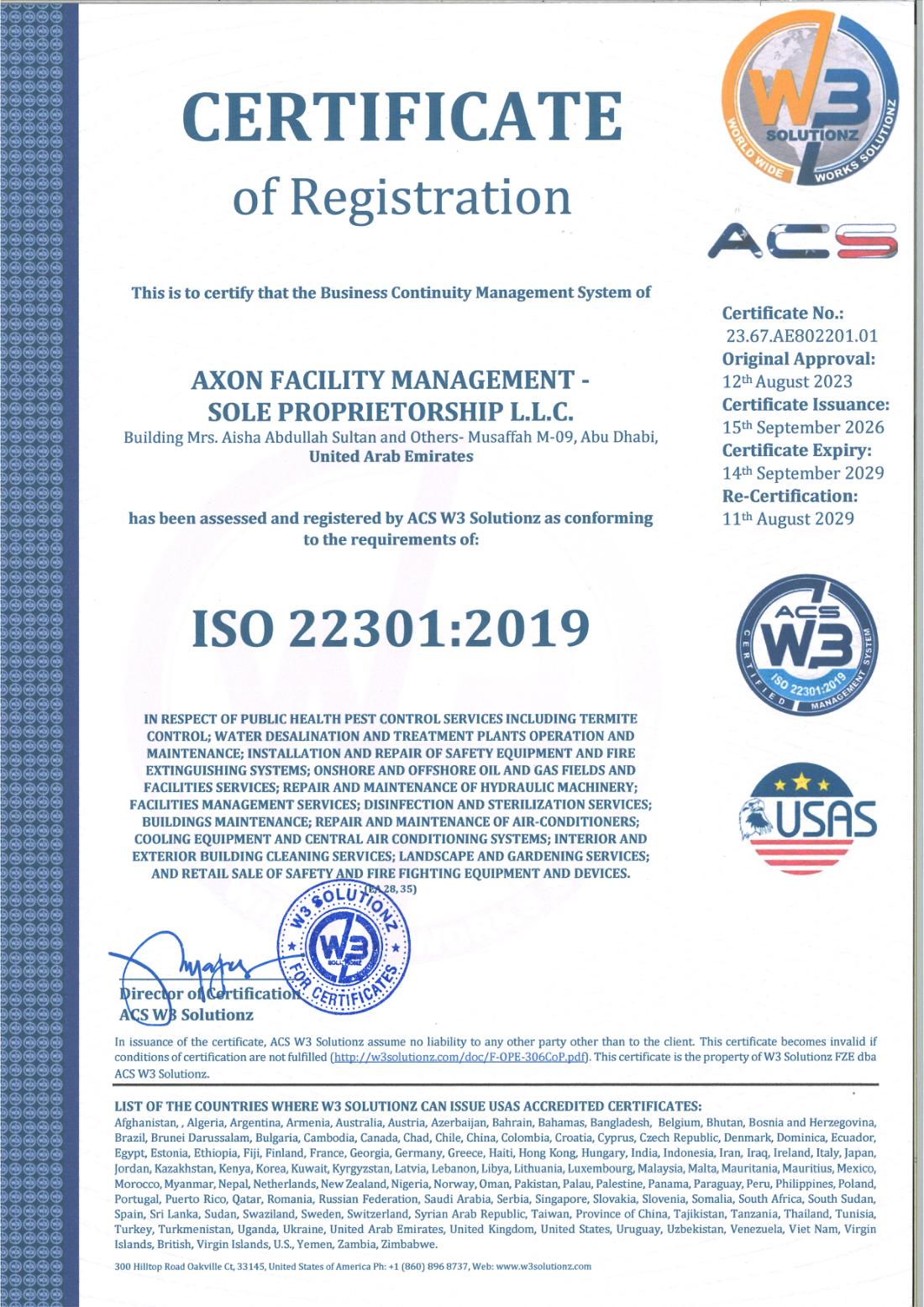 ISO 22301:2019 Business Continuity Management certificate 23.67.AE802201.01, valid to 14 September 2029