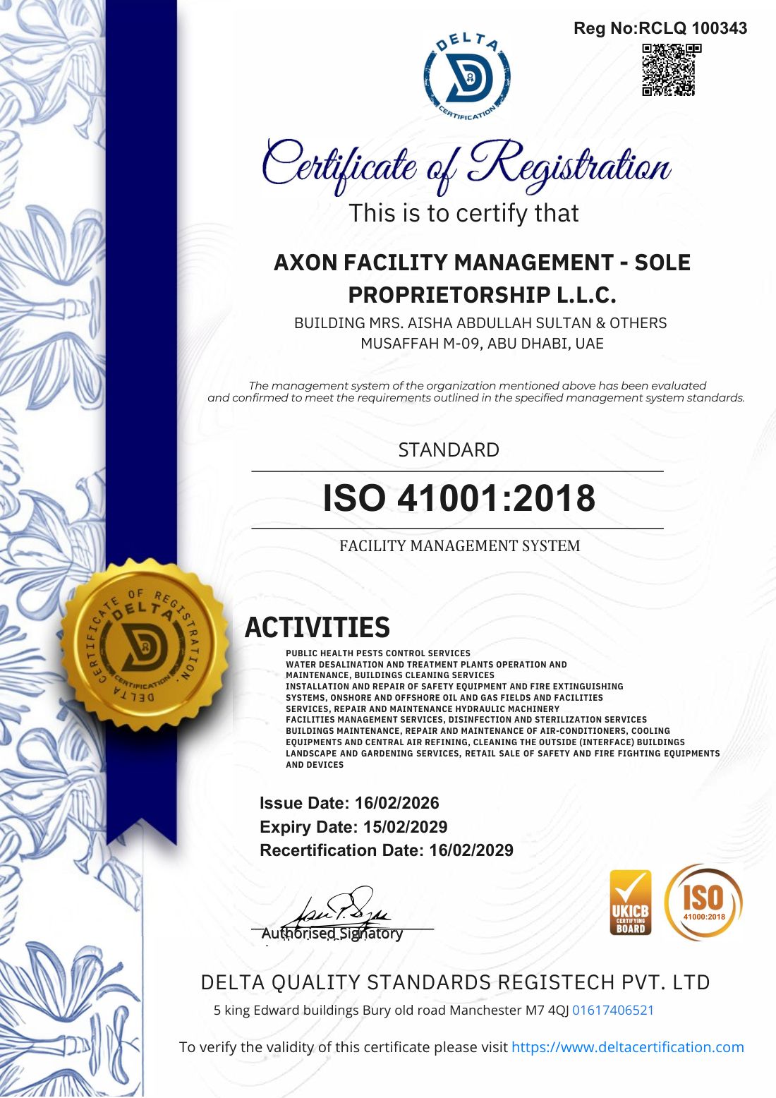 ISO 41001:2018 Facility Management System certificate