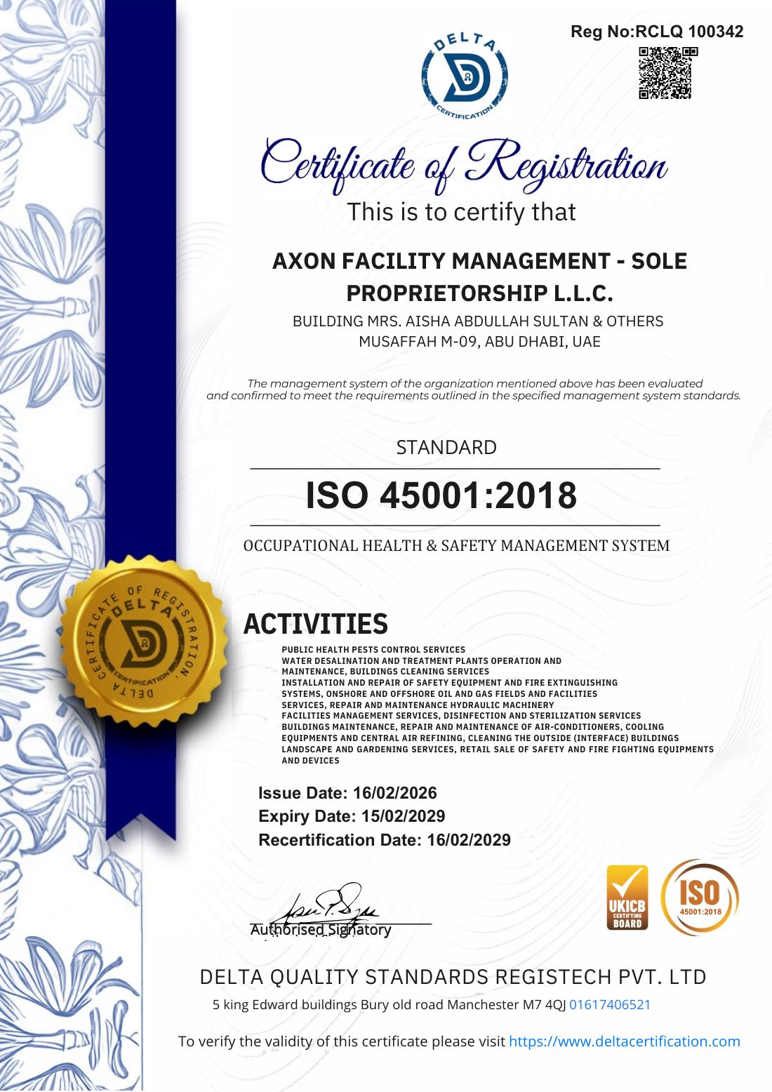 ISO 45001:2018 Occupational Health and Safety certificate